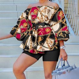 Women's Tracksuits Fashion Two-piece Sets Printed Multi-color One-shoulder Foam Sleeve Top And Shorts Set