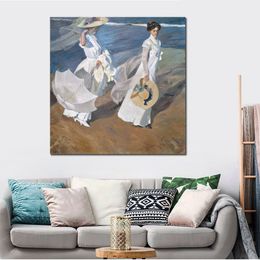 Spanish Countryside Canvas Artwork Walk on The Beach Joaquin Sorolla Y Bastida Painting Handmade High Quality Rest Room Decor