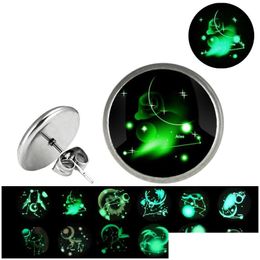 Stud Glow In The Dark 12 Zodiac Sign Earrings For Women Glass Constellation Stainless Steel Hypoallergenic Sier Ear Rings Fashion Dr Dhm80