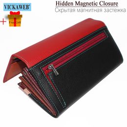 Free Gift New Women Long Magnetic Genuine Leather Wallet Female Fashion Hasp Purse Ladies Patchwork Money Bag For Card Holder