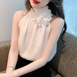 Women's Blouses 2023 Summer Elegant Pin 3D Flower Dark Print Mesh Chiffon Halter Neck Blouse Sleeveless Shirt Women Tops Clothes 27747