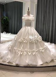 White Tulle Satin Off the Shoulder Wedding Dresses princess bow beaded pearls church royal bridal gown vestido de noiva