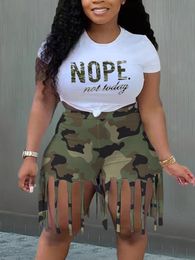 Women's Plus Size Pants LW Shorts Set Camo Tassel Y2k Graphics Top Femme Short Sleeve Two Pieces Casual women's Macthing Outfit 230705