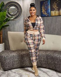 Damen Zweiteilige Hose Damen Plaid Reißverschluss Sets Kontrast Designer Set Langarm Mantel Modischer Casual Sport Zweiteiliger Anzug Damen