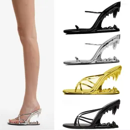 Sandals Women Wedges High Heels Luxury Designer Metal Tooth Slingback Pumps Hollow Cross Strap Slippers Prom Party Shoes