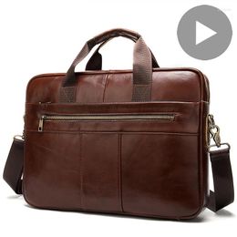Briefcases Genuine Leather Briefcase For Men Bag Laptop 14 Inch Document A4 Shoulder Handbag Business Office Male Vintage Travel Portfolio