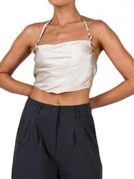 Women's Tanks Halter Crop Cami Tops Sleeveless Backless Hanky Hem Silk Satin Camisole