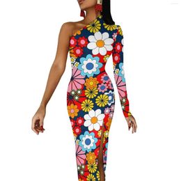 Casual Dresses Colourful Floral Bodycon Dress Summer Retro Flowers Print Modern Side Split Long Sleeve Custom Party