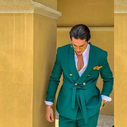 Men's Suits Blazers Design Green Male for Wedding With Belt 2 Pieces Double Breasted Formal Groom Travel Wear JacketPants Costume Homme 230705