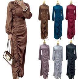 Ethnic Clothing Muslim Fashion Hijab Dress Solid Satin Abaya Dubai Turkey African Dresses For Women Islam Abayas Pleated Kaftan Robe