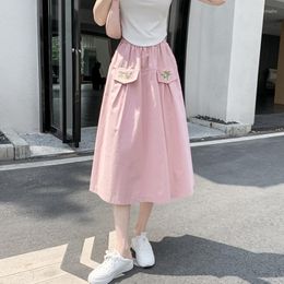 Skirts TIGENA Floral Embroidery Midi Long Skirt For Women 2023 Summer Korean Elegant Solid Pocket A Line High Waist Female