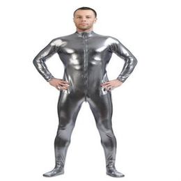 Metallic Silver Grey gold Men's Skin-Tight Dancewear Shiny Metallic Unitard Zentai Suit Front Zip unisex 279U