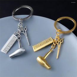 Keychains Creative Hair Salon Hairstylist Keychain Scissors Comb Dryer Keyring For Women Men Metal Gold Silver Color Jewelry Gifts