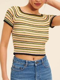 Women's T Shirts Striped Knitted Female Cropped Tops Round Neck Short Sleeve Slim Cotton Women T-shirt Streetwear Casual Ladies Tees 2023