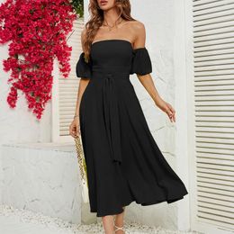 Casual Dresses Boho Beach Womens Pure Colour Summer Dress Bubble Sleeve Side Split Maxi Vestido For Vacation