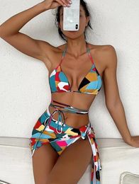 Women's Swimwear Sexy Swimsuit Bikini Three-piece Suit Ladies Geometric Pattern Printed Female Swimming