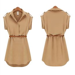 Basic Casual Dresses Summer Women Shirt Dress Chiffon Short Sleeve Summer Thin Dress With Belt Turn Down Collar ALine Party Mini Dress Vneck 230705