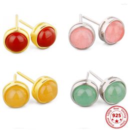 Stud Earrings 925 Sterling Silver Natural Stone Round Earring Pink Quartz Tiger Eye Crystal Moonstone Topaz For Women Charm Jewellery