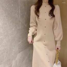 Casual Dresses Button Knitted Dress Sweater High Neck Fishtail Skirt Winter Women Elegant Midi Autumn Female A-line Clothes