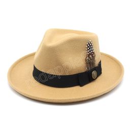 Feather Band Decorate Wool Felt Fedora Hat For Women Men Curved Brim Gentleman Wedding Jazz Hat Trilby Cowboy Cap