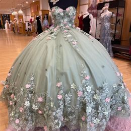 Mint Green Shiny Princess Quinceanera Dresses 2024 Appliques 3DFlower Lace-Up corset off shoulder Vestidos De 15 Anos