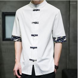Men's Casual Shirts Japanese Retro Kimono Shirt Chinese Print Cotton Linen Stitching Short-sleeved Tops Summer Streetwear