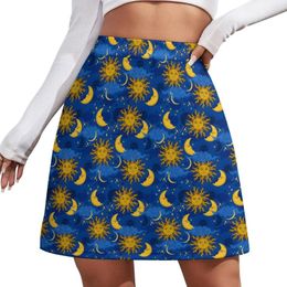 Skirts Stars Sun Moon Celestial Skirt Blue And Gold Elegant Mini Summer Aesthetic High Waist Print Big Size Casual A-line