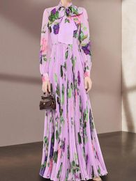 Casual Dresses Women's Chiffon Dress 2023 Purple Print Long-Sleeved Ankle-Length Pleated