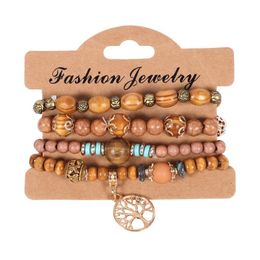 Charm Bracelets 4Pcs/Set Bohemian Wooden Beaded Chains For Women Tree Of Life Metal Rose Flower Wood Beads Bangle Fashion Boho Jewel Dhql7