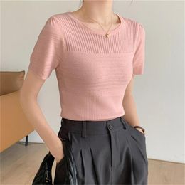 Women's Sweaters Alien Kitty Summer Thin Tees Slim Women Loose Casual Knitted 2023 All Match Short Puff Sleeve Chic Solid Pullovers T-Shirts