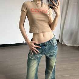 Women's T Shirts Wear T-shirt Solid Colour Letter Printing Round Neck Unique Top Spicy Girls Show Navel High Waist Slim Pure Cotton