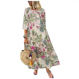 Casual Dresses Women'S Summer Round Neck 3/4 Sleeve A-Line Skirt Medium Length Printed Loose Dress Formal Occasion Evening