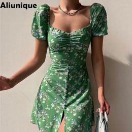 Party Dresses 2023 Summer Vintage Vestidos Women Short Sleeve Backless Floral Printed Beach Dress Casual Ladies High Waist Tunic Buttons