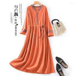 Casual Dresses 2023 Arrival Summer Women Loose Fit A-line V-neck Three Quarter Sleeve Embroidery Patchwork Cotton Linen V591