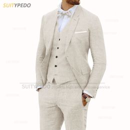 Men's Suits Blazers Beige Linen Suits for Men 3 Pieces Casual Slim Fit Suit Blazer Vest Pants Set Formal Prom Wedding Tuxedos for Groomsmen Man 230706