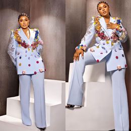 Women Custom Tuxedos 3D Hand Made Flowers Beading Lady Blazer Suits Female High Waist Pants Celebrity Show Wear