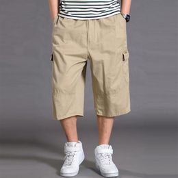 Men's Baggy Capris Pants Multi Pockets Buttons Cargo Short Breeches Elastic Waist Tactical Short Plus Sizes KB243B