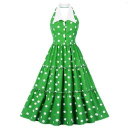 Casual Dresses Women'S Lapel Cardigan Polka Dot Green Halter Neck Backless Sexy Big Swing Retro Dress Vintage Sweet L5