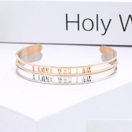 Cuff 6Mm Stainless Steel Inspirational Bangle I Love Who Am Hollow Letter Open Bracelets For Women Personalised Jewellery Drop Delivery Dhyab