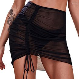 Women's Swimwear Women Mesh Swimsuits Cover Up Sheer Skirt Drawstring Beach Wrap Bikini For