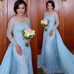 Mermaid 2023 Blue Wedding Dresses Bridal Gown Long Sleeves Lace Applique Beaded Sweep Train Jewel Neck Custom Made Vestidos De Novia Plus Size Beach Garden