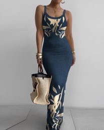 Casual Dresses Women's Long Dress Summer 2023 Eleagnt Plants Print U-Neck Maxi Skinny Daily Bottoming Vest Sleeveless