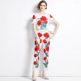 Women's Two Piece Pants Runway Rose Floral Print Tops Pencil Cropped Fashion High Street 2 Pieces Sets Women Chic Designer Outfits M6801