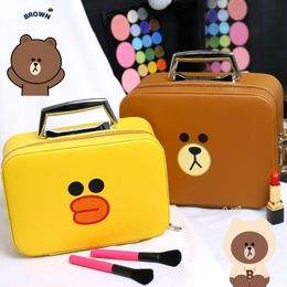 Backpacks Line Friends Anime Cartoon Brown Bear Pu 3D Handbag Girl Cosmetic Box Portable Kawaii Cony Sally Travel Storage Bag Child Gift 230705