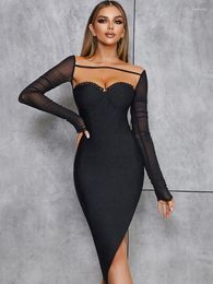 Casual Dresses Sexy Square Neck Long Sleeve Midi Bandage Dress Women Mesh Black Patchwork Folds Asymmetrical Bodycon Party Evening Dresse