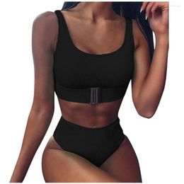 Women's Swimwear In Sexy 2023 Women Solid Buckle Bikini Push-up Padded High Waist Swimsuit Set Plus Size