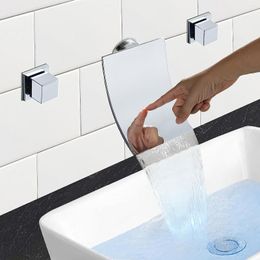 Bathroom Sink Faucets SKOWLL Bathtub Faucet Wall Mounted Waterfall Basin Mixer Tap Single Handle 2 Hole Vessel