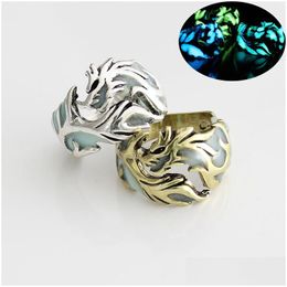Band Rings Fashion Glow In The Dark Vintage Retro Mens Luminous Dragon Shape Finger Ring For Male Punk Jewellery Gift Drop Delivery Dhopn