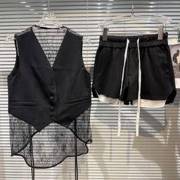 Women's Shorts 2023 Summer Sleeveless V Neck Lace Patchwork Blazer Vest Drawstring Elastic Waist Two Piece Set Outfits