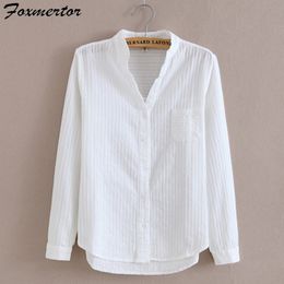 Women's Blouses Shirts Foxmertor 100% Cotton Shirt White Blouse Spring Autumn Blouses Shirts Women Long Sleeve Casual Tops Solid Pocket Blusas #66 230705